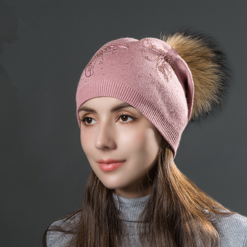 Women's Winter Fur Raccoon Ball Warm Hot Diamond Hollow Butterfly Knitted Versatile Fashion Pullover Hat_voghion.com