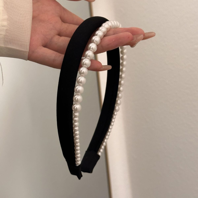 Accessori per capelli con fascia in spugna spessa, in tessuto di raso mercerizzato nero, per donna, dolce, piccola fragranza, imitazione di perle_voghion.com