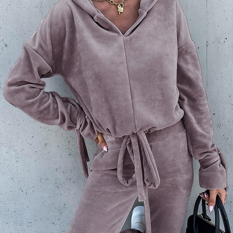 Set da donna in due pezzi, felpa con cappuccio, tinta unita, casual, autunno, a maniche lunghe_voghion.com