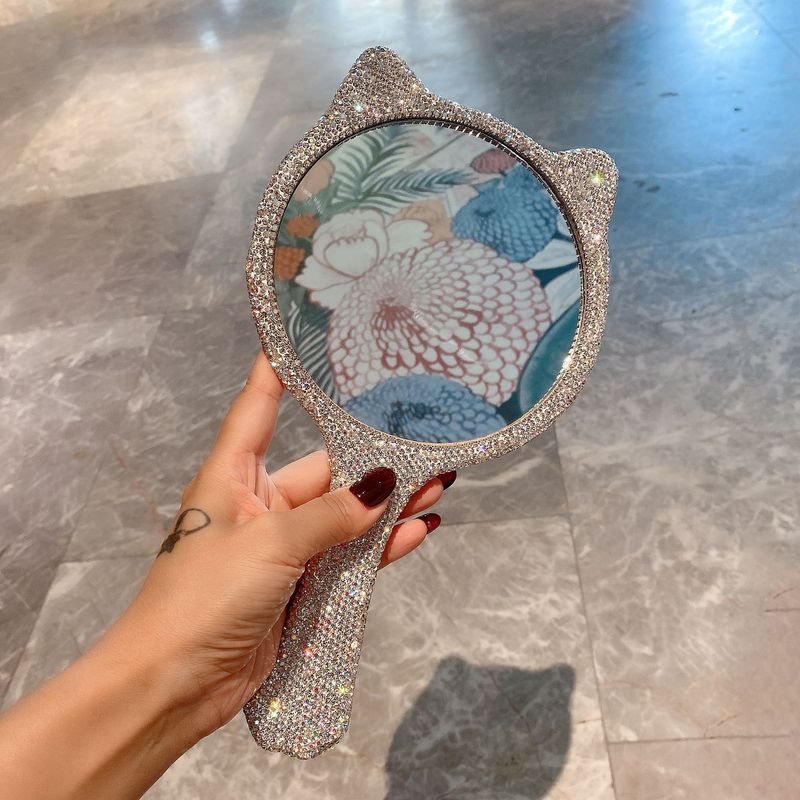 Hand-Schminkspiegel mit Katzenohren und Diamant-Akzenten – Niedlicher tragbarer Kosmetikspiegel für Frauen – Eleganter Kosmetikspiegel mit PU-Rahmen_voghion.com