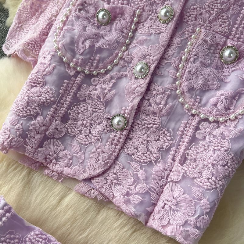 Abito da donna in stile celebrità, con maniche a sbuffo, in pizzo e con fiori, due pezzi, gonna a vita alta e sottile_voghion.com