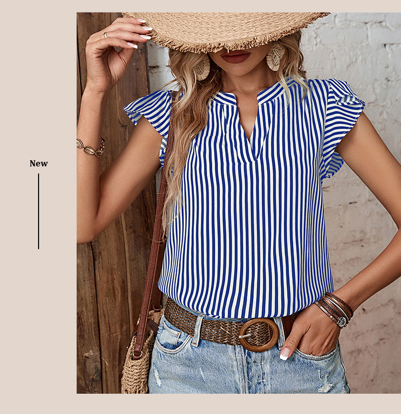 Striped Temperament Ruffled Sleeveless Shirt_voghion.com