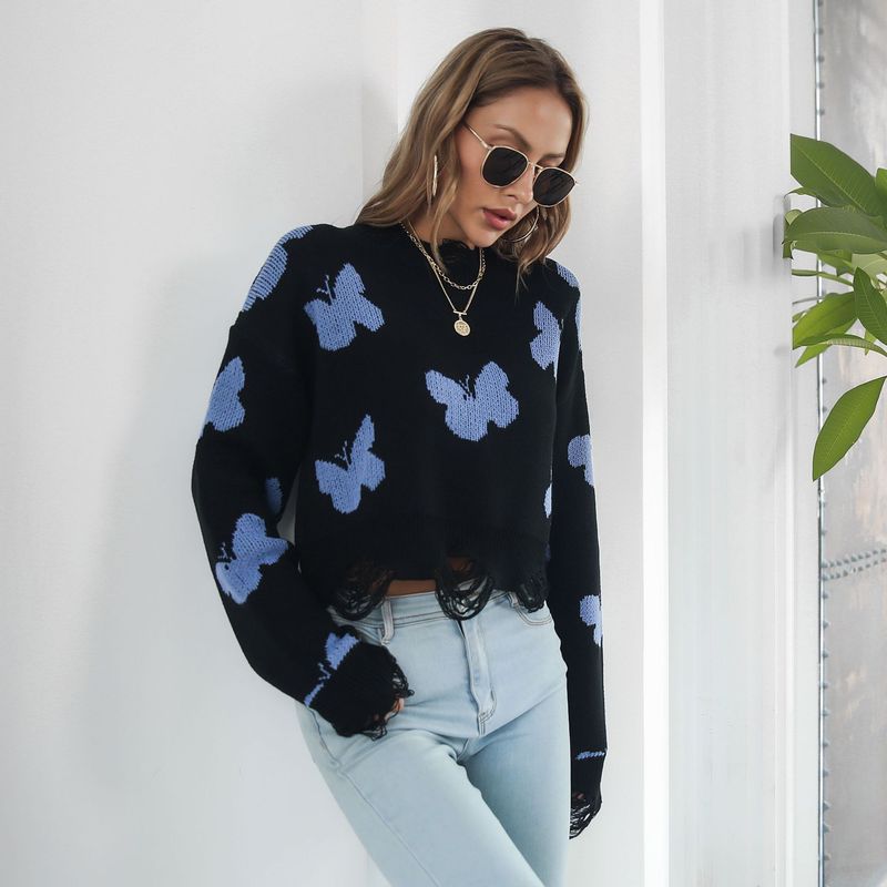 Maglione corto da donna in jacquard a farfalla strappata autunno e inverno a maniche lunghe_voghion.com