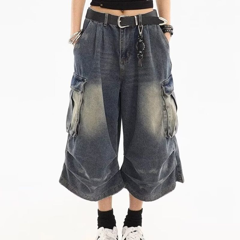 Design Sense, Multiple Pockets, Pleated Workwear Jeans, Men's Summer American Loose Spot Washed Seven Quarter Shorts_voghion.com