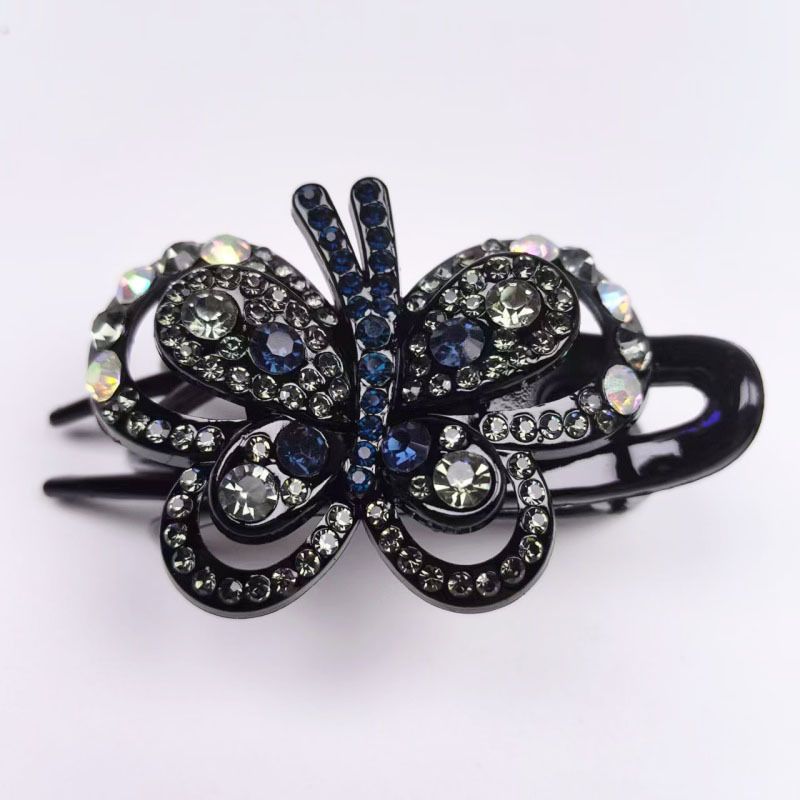 Fermaglio a becco d'anatra con strass per acconciatura raccolta, elegante fermaglio per capelli in stile coreano con design a farfalla con strass, fermaglio a tre denti, forcina per capelli._voghion.com