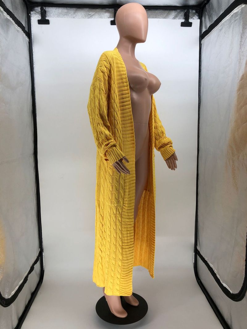 Damenbekleidung Locker gestrickte Strickjacke, gemütliche, übergroße Strickjacke mit Taschen, langer Zopfmuster-Pullovermantel, lockerer Boho-Chic, offene Vorderseite_voghion.com