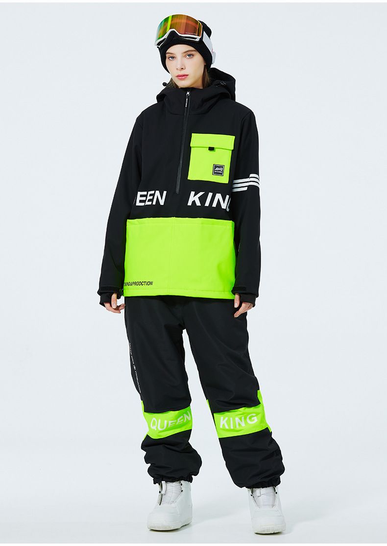 Set unisex da sci con cappuccio e pantaloni da neve e pioggia - Completo da snowboard impermeabile e antivento con blocchi di colore_voghion.com