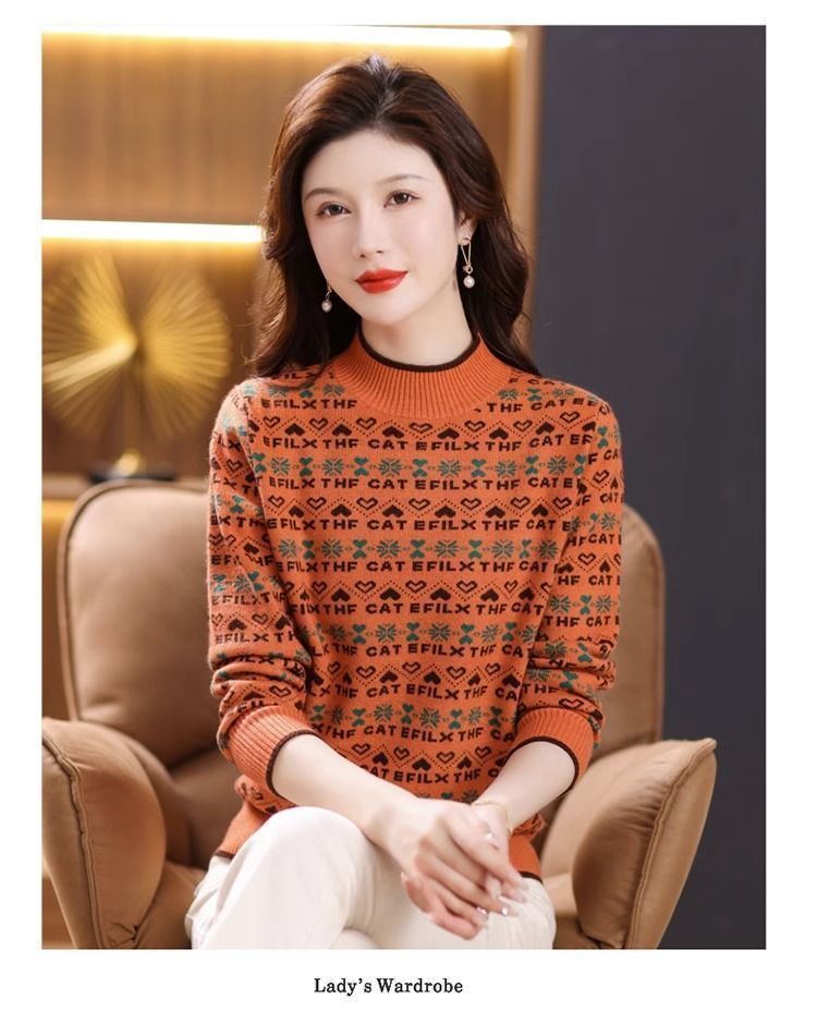 Verdickter Pullover für Damen im Winter, halbhoher Hals, modischer und stylischer Jacquard-Farbblock-Kurzstil, locker_voghion.com