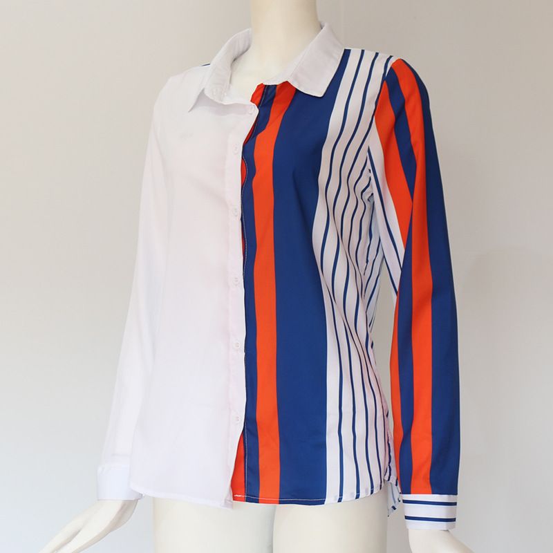 Camisa feminina casual estampada com decote em V e manga comprida em chiffon_voghion.com