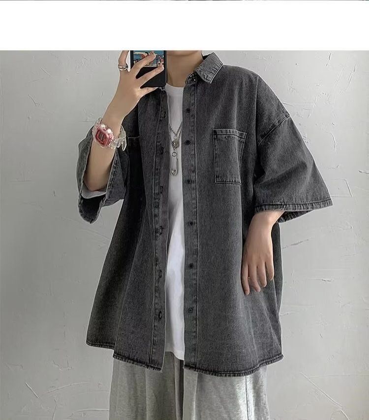 Letnia krótka koszula dżinsowa dla mężczyzn, stylowa, modny niszowy design, luźna, swobodna kurtka z krótkim rękawem_voghion.com