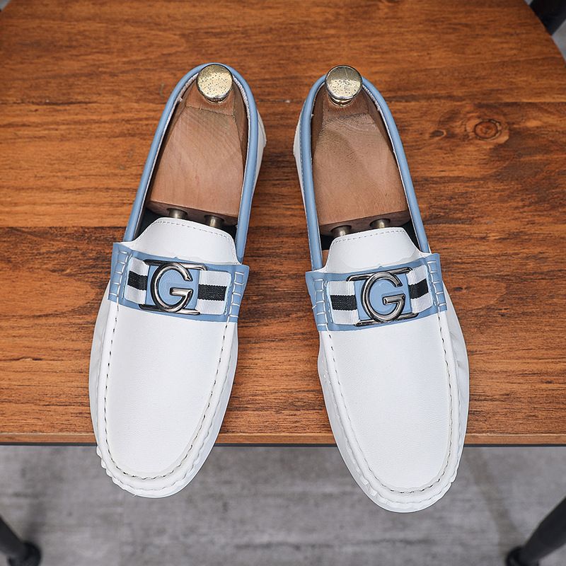 2025 Sommer Herren Trendy Casual Bean Weißes Leder Weicher Boden Bequeme Mode Vielseitige One Step Schuhe 77A1_voghion.com