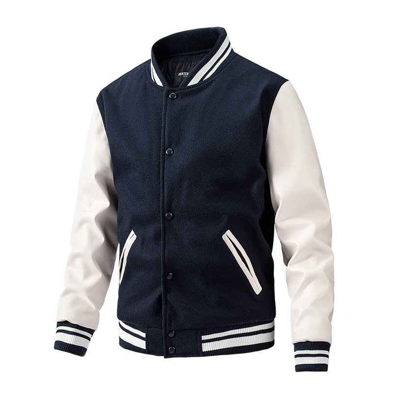 Herbst Winter Mode im amerikanischen Stil Baseballjacke Wolle PU Ärmel Mantel Casual Herrenbekleidung_voghion.com