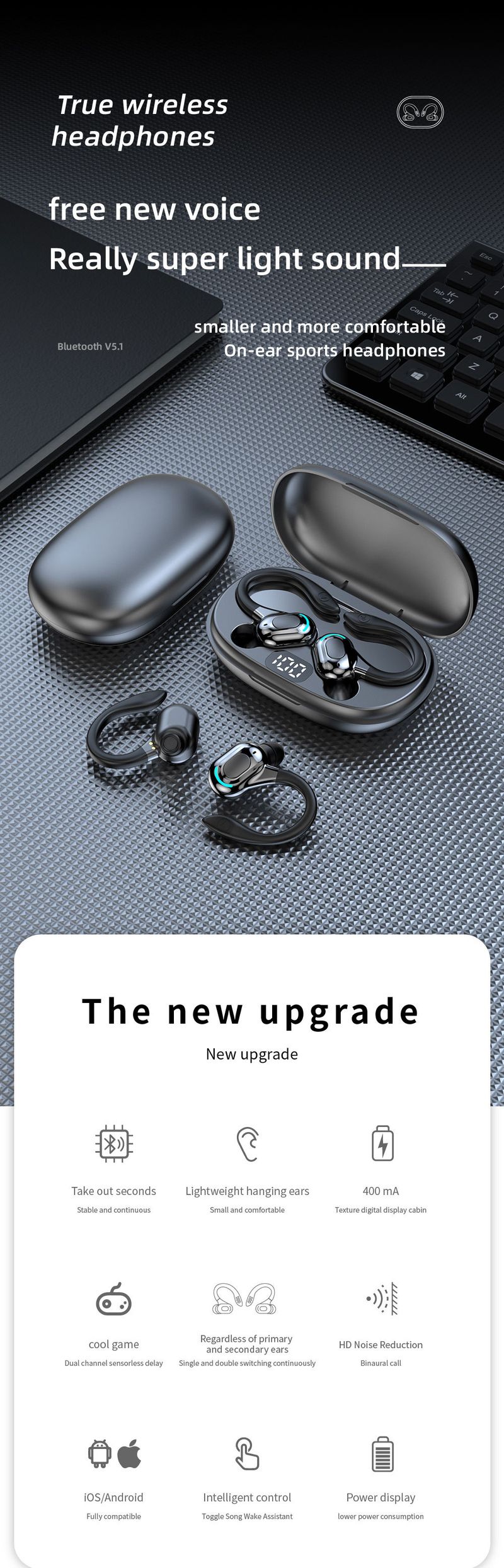 Nove TWS-F8 Bluetooth slušalice s dva uha, bežične slušalice s kukom za uši, digitalni zaslon, dugotrajne sportske i vanjske prijenosne slušalice_voghion.com