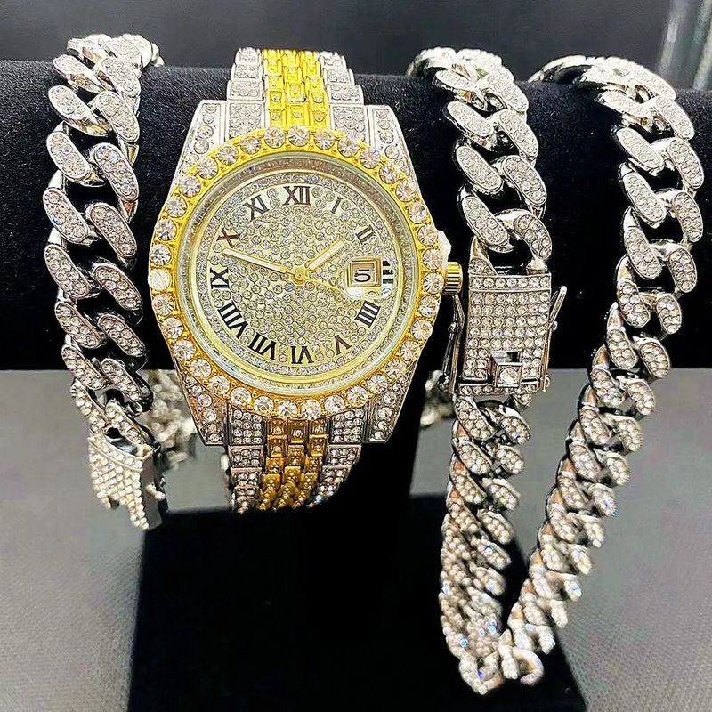 Modehorlogeset met diamanten hiphoparmband en kwartshorloge_voghion.com