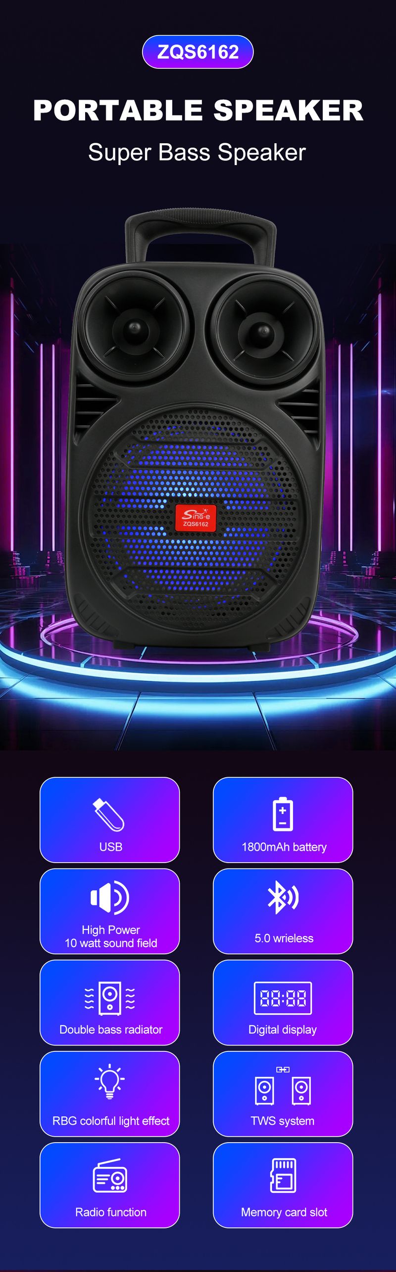 ZQS6162 Bluetooth-luidspreker Draagbare USB-kaart Bluetooth Grote luidspreker Buiten_voghion.com