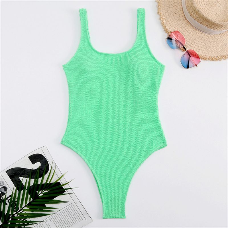 Maillot de bain une pièce à rayures et vagues de couleur unie pour femme, bikini conservateur couvrant le ventre, maillot de bain de plage_voghion.com