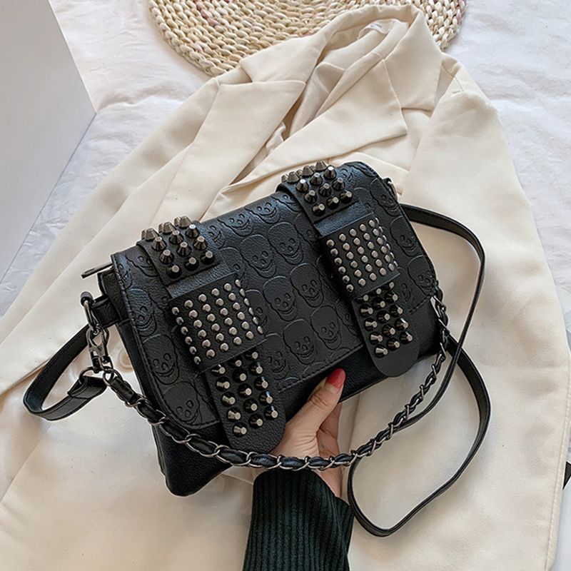 Vintage Skull Rivet Shoulder Women PU Leather Black Crossbody Designer Flap Messenger Bag New Fashion Lady Handbag Bolso_voghion.com