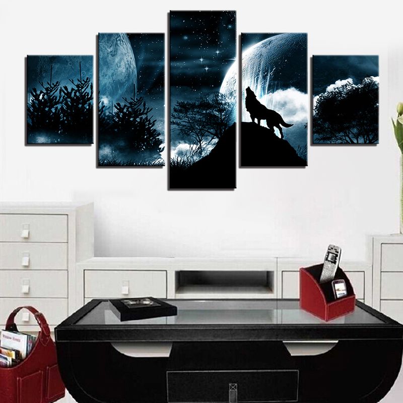 Greenhome 5 peças/conjunto de pintura de parede sem moldura de lobo da floresta da lua cheia, decoração para sala de estar_voghion.com