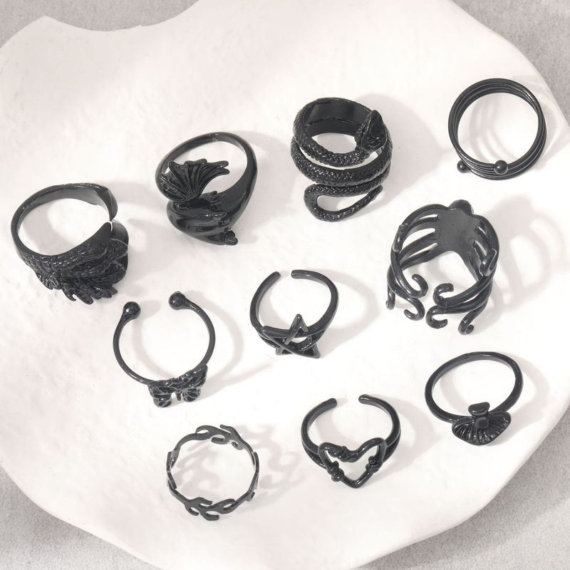 Ensemble de 10 bagues de personnalité exagérées en plaqué noir, motif papillon, cœur, champignon, pentagramme, patte de serpent_voghion.com