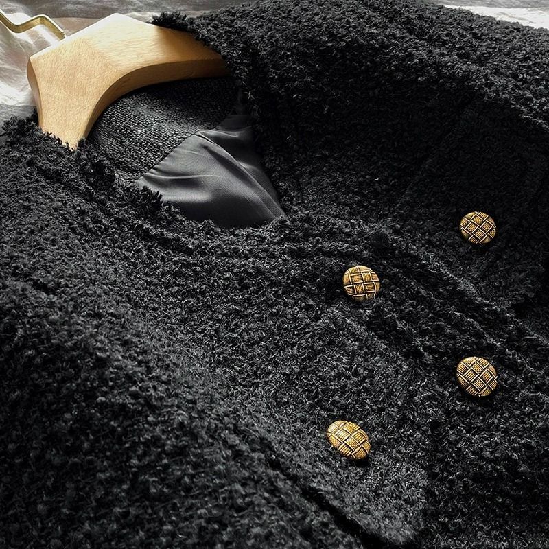 Giacca corta nera in stile 2024, nuova primavera autunno, elegante e sottile, in tweed, a maniche lunghe, per donna_voghion.com