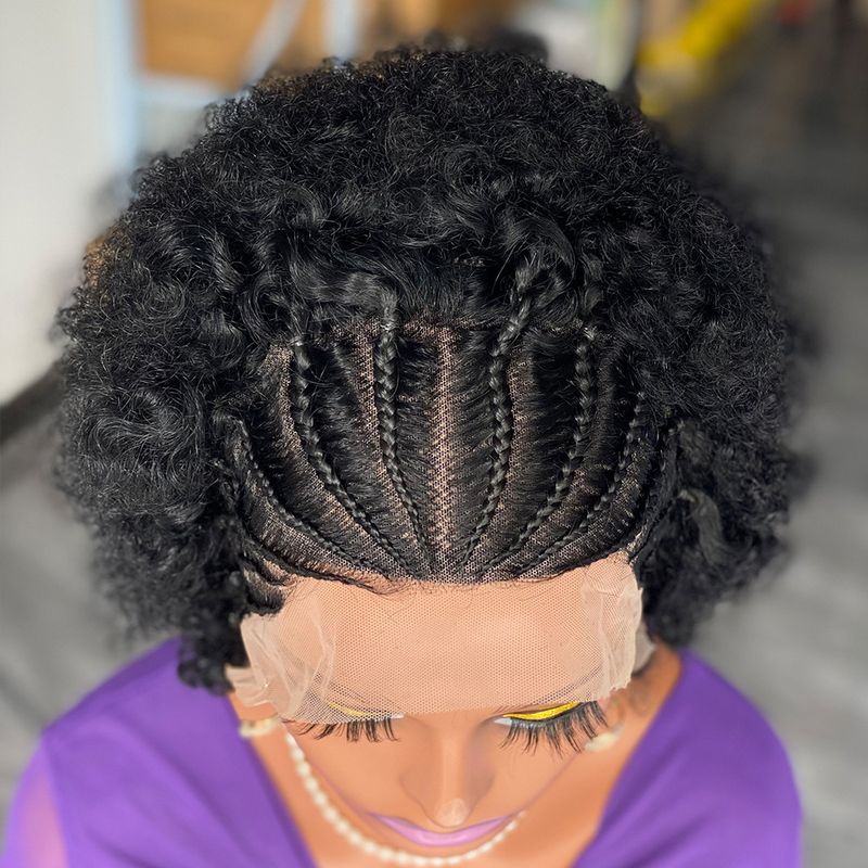 Geflochtene Afro-Perücke, 100 % Echthaar-Perücke, Echthaar-Spitzenperücke, kurzer Bob, Pixie-Bob, geflochtenes Haar_voghion.com