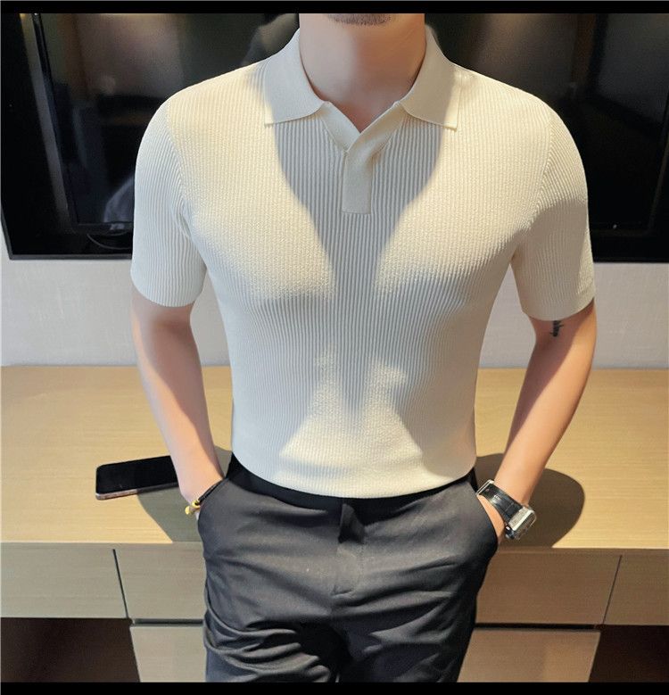 Maglione lavorato a maglia a maniche corte con scollo a V da uomo, colletto a gabbiano, stile business casual britannico, estivo, in seta ghiacciata_voghion.com