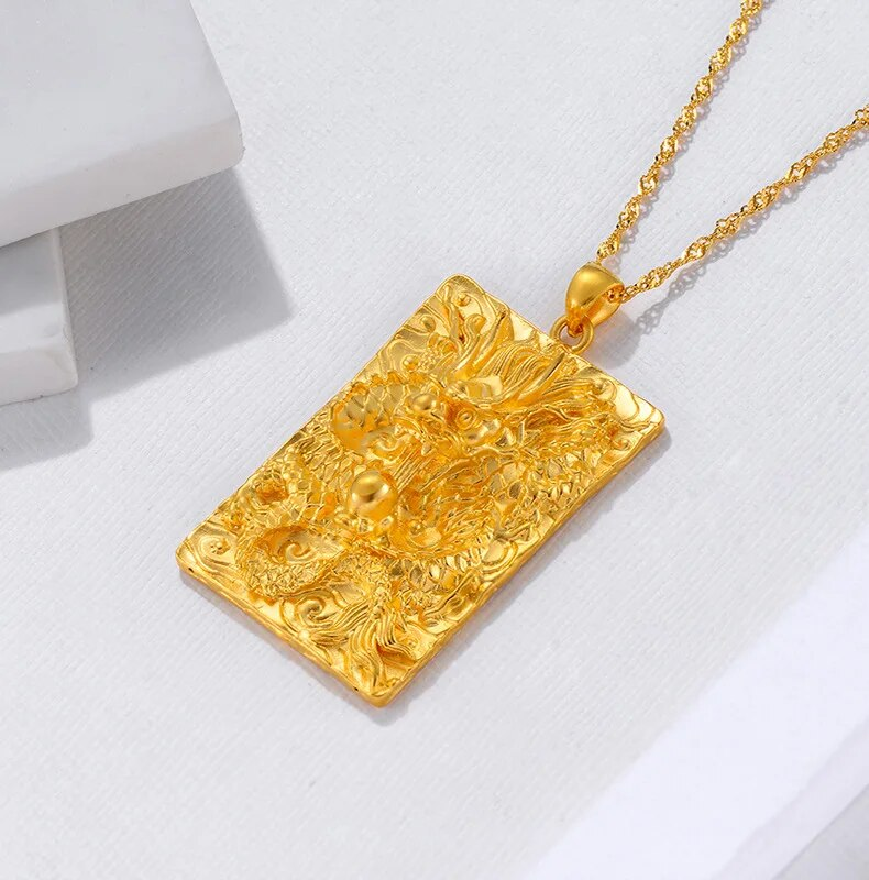 Yellow Gold Color Square 3d Dragon Shape Pendant Necklace for Women Men Gold Necklaces Fine s_voghion.com