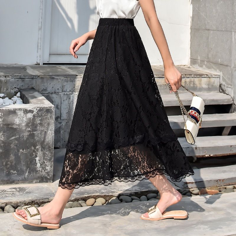 High waisted skirt, women's 2024 early autumn new mid to long style, hanging A-line lace skirt_voghion.com