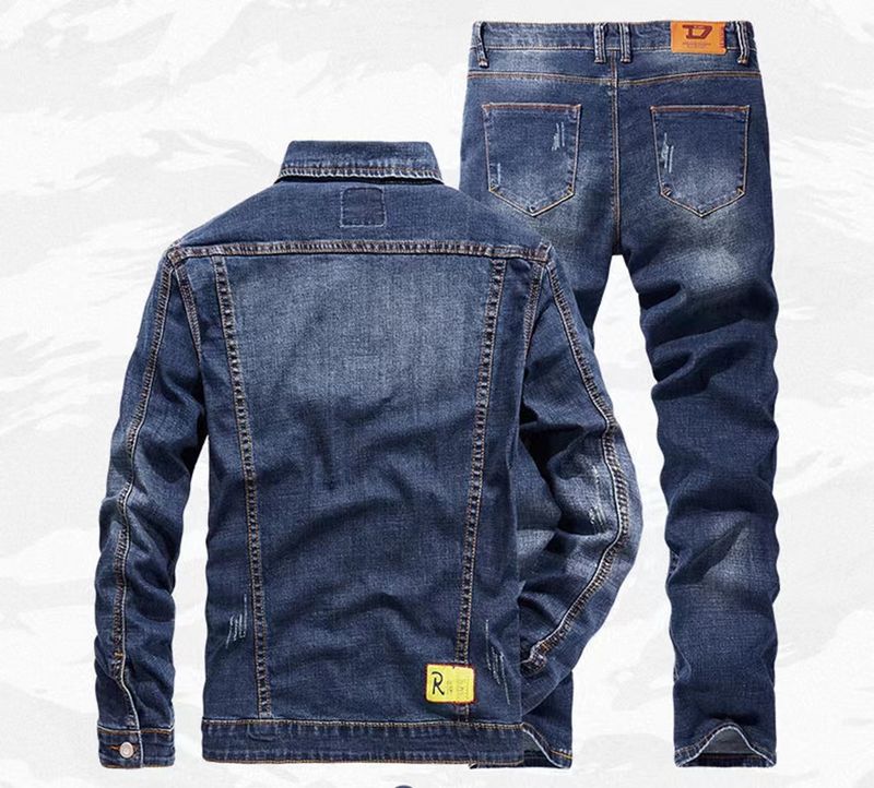 Ensemble deux pièces tendance pour homme, veste en jean et jean, tissu tricoté décontracté_voghion.com