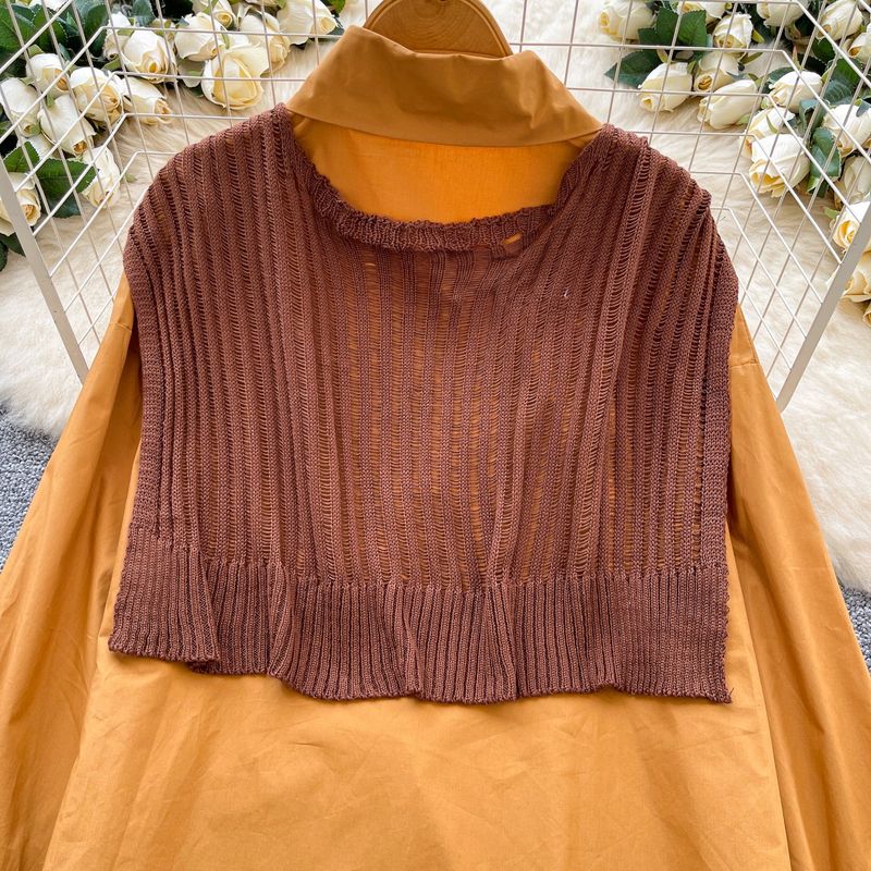 Oversized Shirt & Knit Shawl Two-Piece Set - Loose Fit Long Sleeve Blouse With Layered Chic_voghion.com