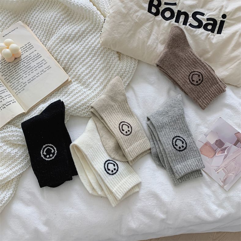 2 pezzi autunno e inverno nuovi calzini di lana caldi e spessi semplici tinta unita elastico alto Smig Face INS alla moda lunghezza media_voghion.com