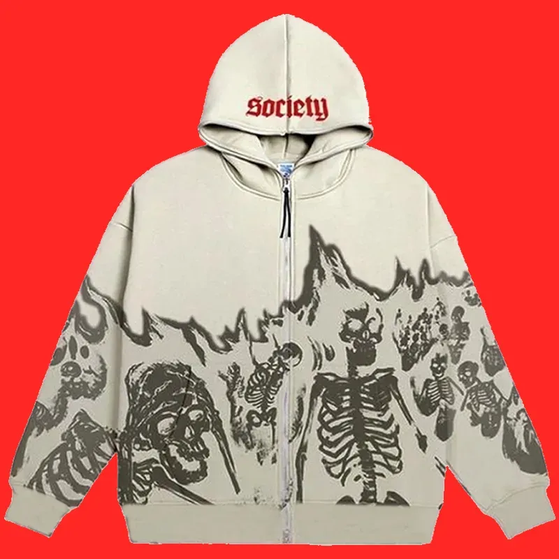 Felpa con cappuccio vintage con teschio, felpa con cappuccio con cerniera, felpa oversize grunge, top gotici, giacche alternative Haruku, abbigliamento streetwear da uomo Y2K Emo_voghion.com