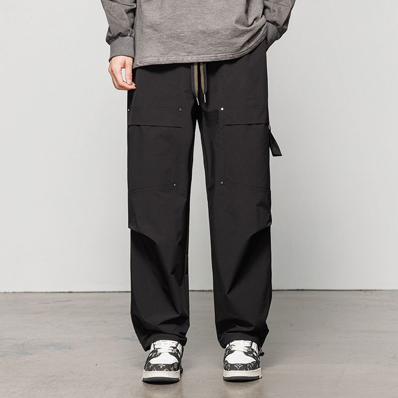 Men's spring and autumn new wide leg workwear loose casual simple solid color multi pocket pants_voghion.com