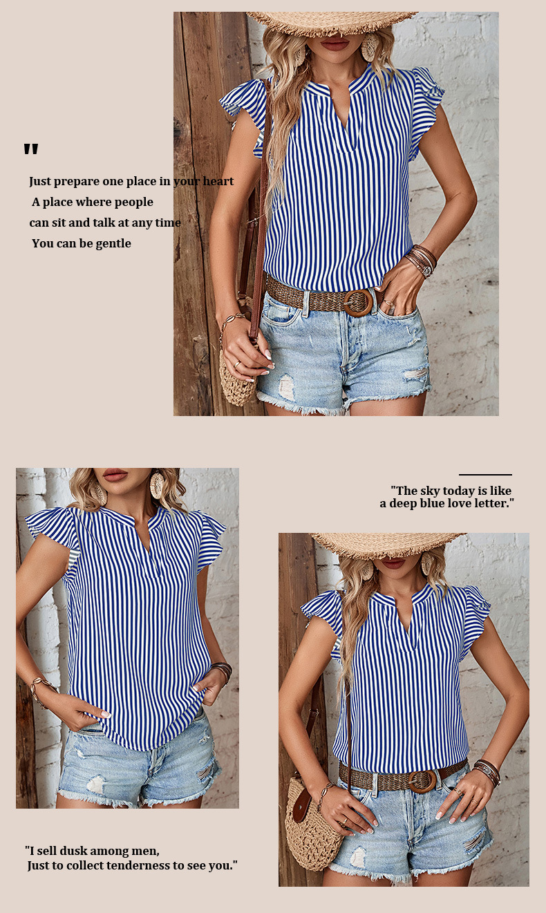 Striped Temperament Ruffled Sleeveless Shirt_voghion.com