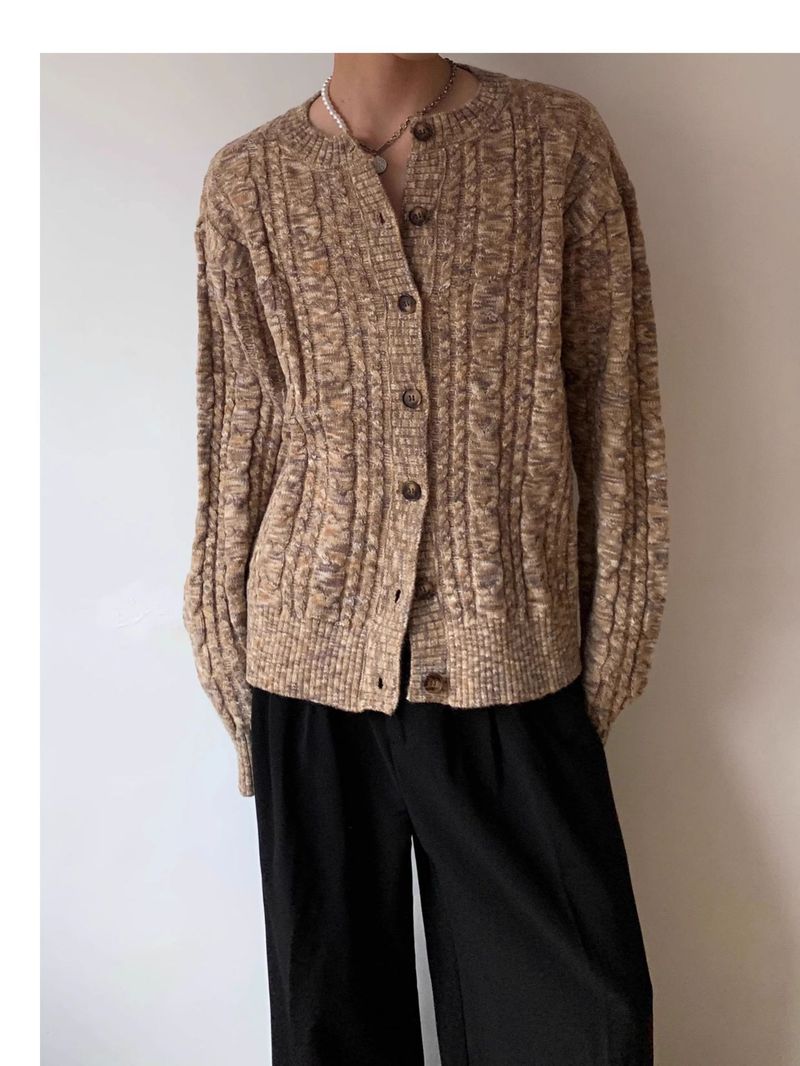 Oversized Knit Cardigan – Vintage Cable Stitch, Unisex Relaxed Fit (Walnut Brown, M-3XL)_voghion.com