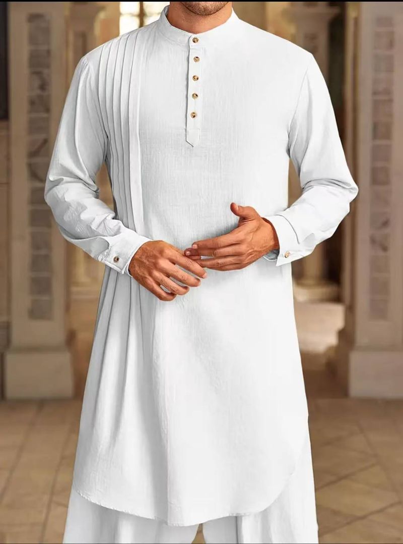 Herrenbekleidung Button Baumwolle und Leinen Shirt Muslim Robe_voghion.com