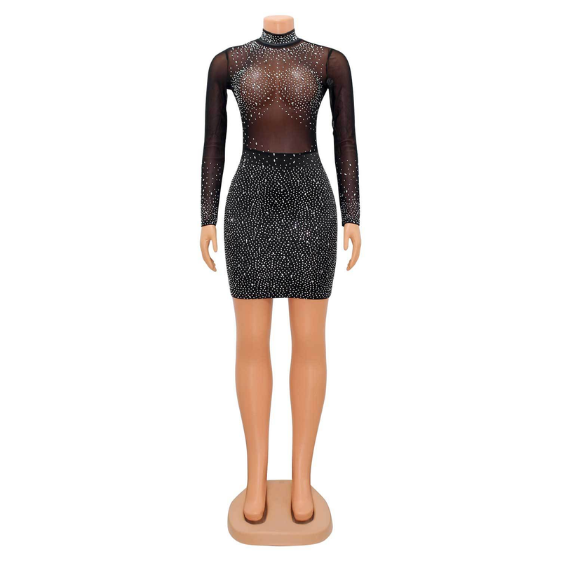 Damenbekleidung Modisches und sexy Mesh-Kleid mit langen Ärmeln und heißem Diamanten für Damen_voghion.com