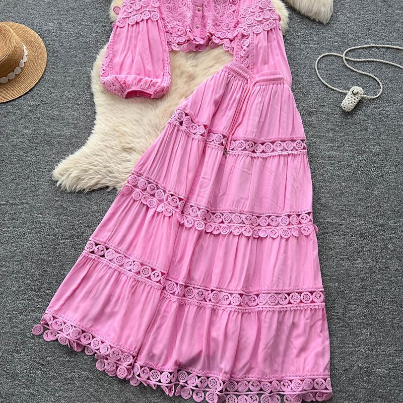 French Retro Heavy Hollow Lace Splicing Lantern Sleeve Short Shirt High Waist Big Swing Skirt Autumn Suit_voghion.com