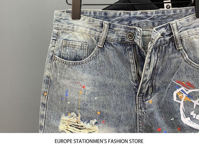 Pantaloncini in denim da uomo con stampa personalizzata e schizzi d'inchiostro, pantaloni estivi_voghion.com