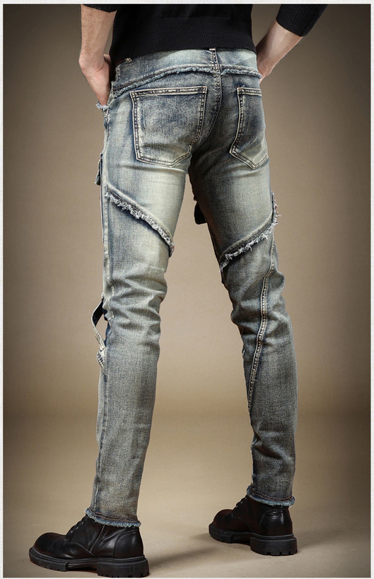 Men's Retro Heavy-duty Washed Work Jeans Scratched And Frayed Slim-fitting Long Pants Small-legged Pants_voghion.com