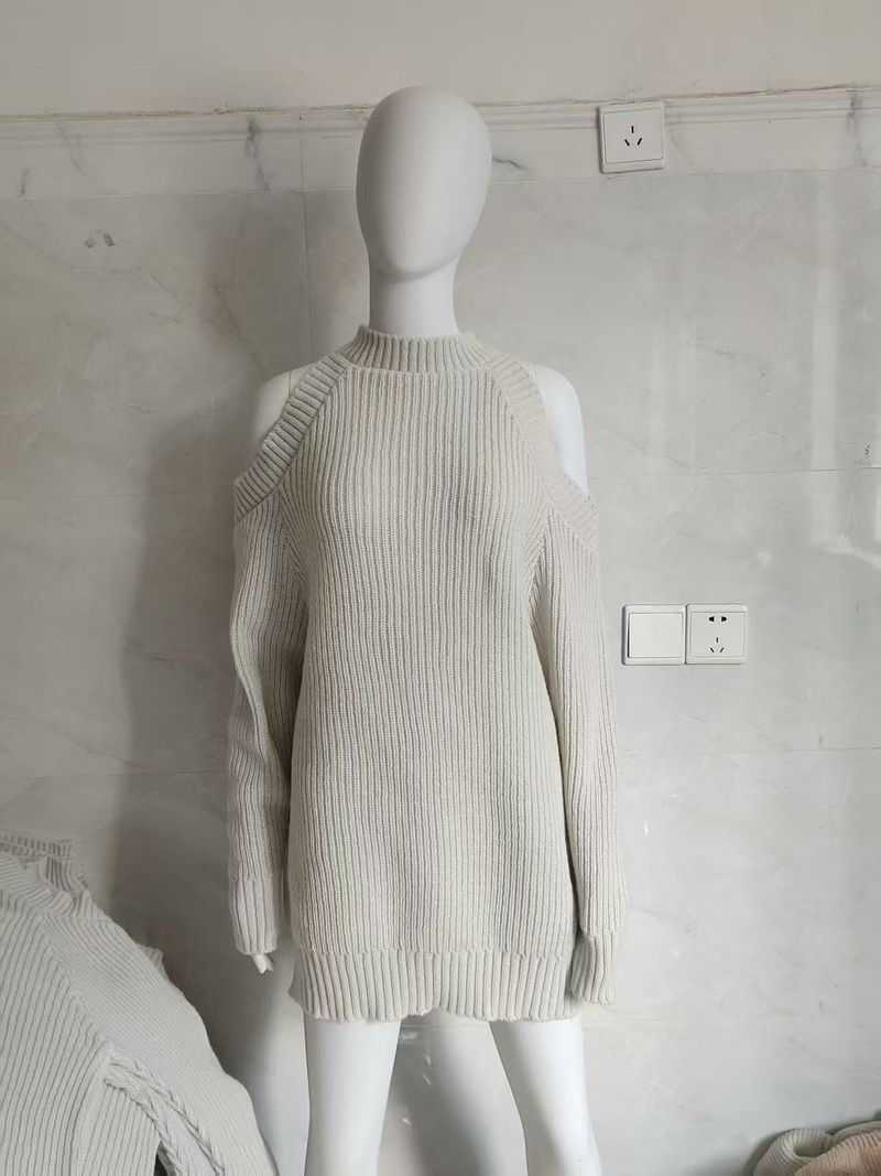 Off-the-shoulder Knitted Sweater Women's Commute Pure Desire Wind Thick Needle Hole Medium And Long Women's Sweater Top Tide_voghion.com