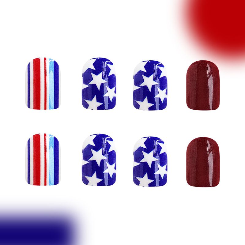 Short bright red and blue color matching color stripe independent day wear nail art American five-pointed star foreign trade nail art 24 pieces_voghion.com