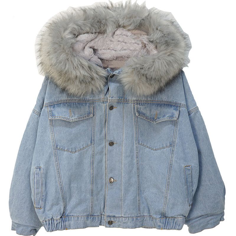Women's Clothing Loose Thick Plush Fur Collar Denim Jacket Women's Short Plush Lambswool Cotton Jacket_voghion.com
