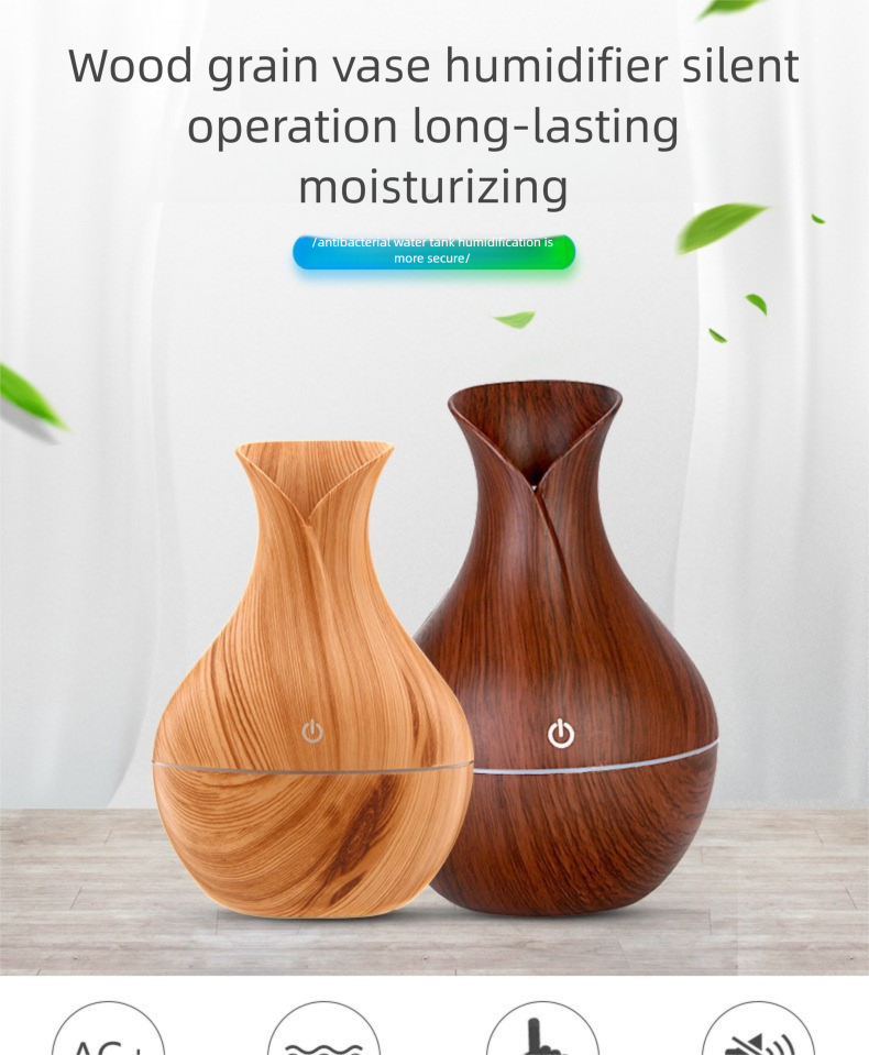 Umidificatore a forma di fungo con venature del legno - Diffusore di aromaterapia USB silenzioso, design creativo a forma di vaso con luce colorata e funzione di olio essenziale_voghion.com