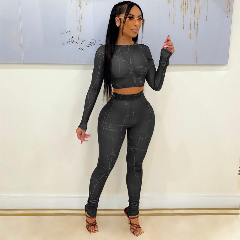 Costume deux pièces décontracté en maille imprimée lettre pour femme_voghion.com