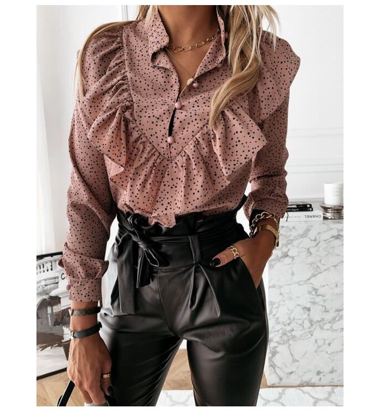 Camicetta ampia taglie forti con stampa floreale e orlo a peplo - Elegante top in chiffon a maniche lunghe per donna (S-3XL, bianco/nero/rosa antico)_voghion.com