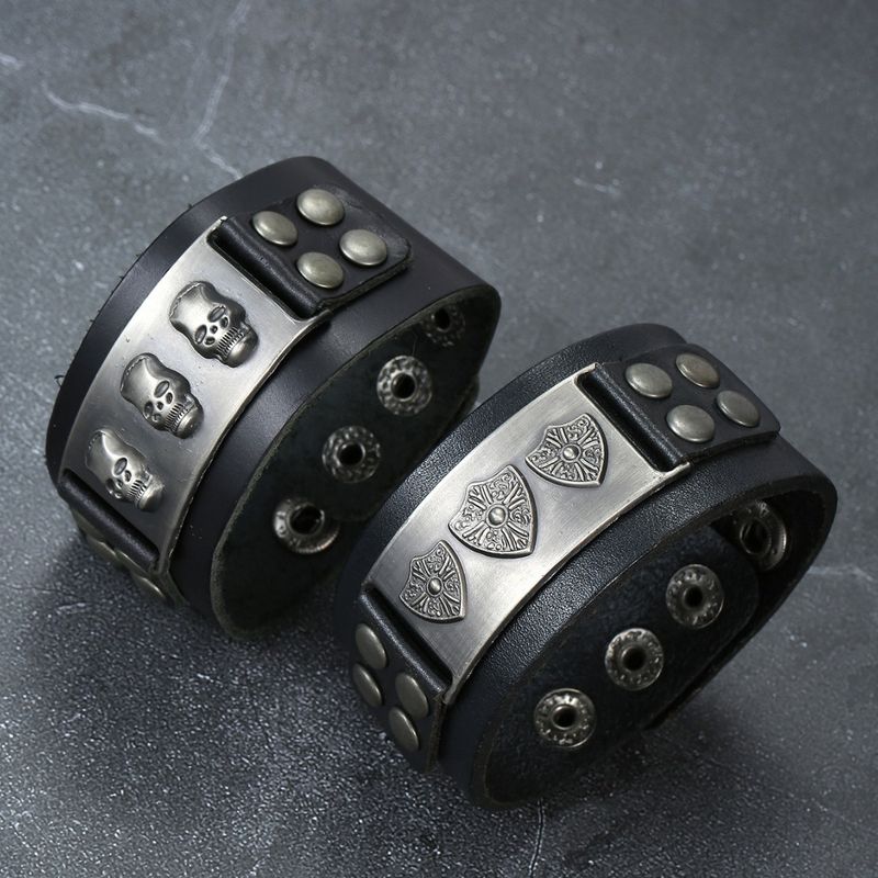 Bracciale in pelle intrecciata con motivo punk con borchie, largo, da uomo, esagerato e alla moda_voghion.com