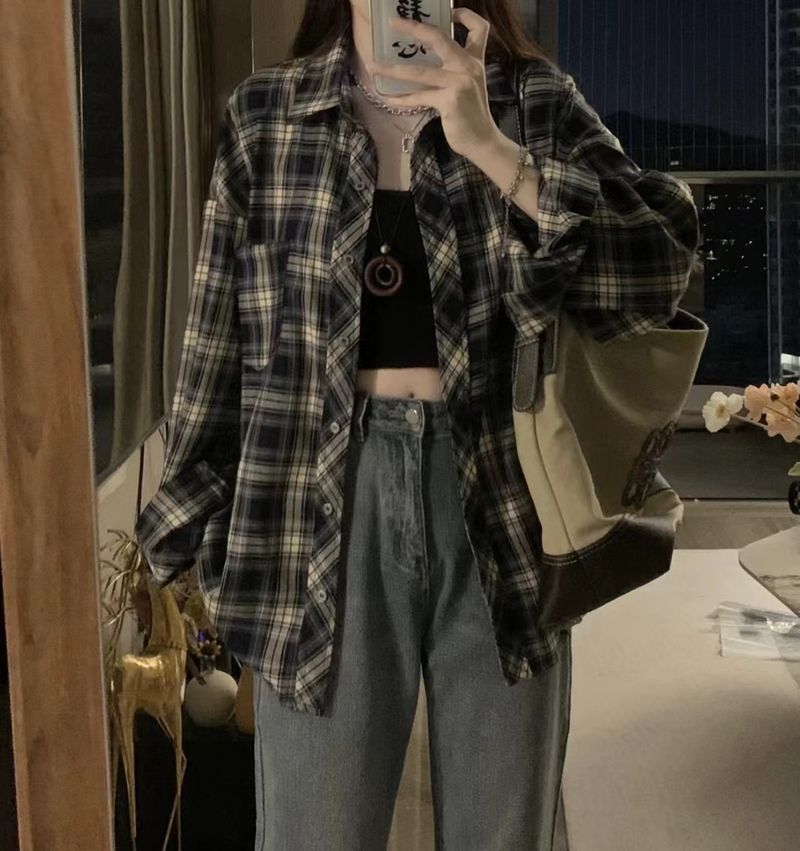 Giacca americana da donna, primavera/estate 2024, design casual a maniche lunghe, camicia a quadri in bianco e nero per donna_voghion.com