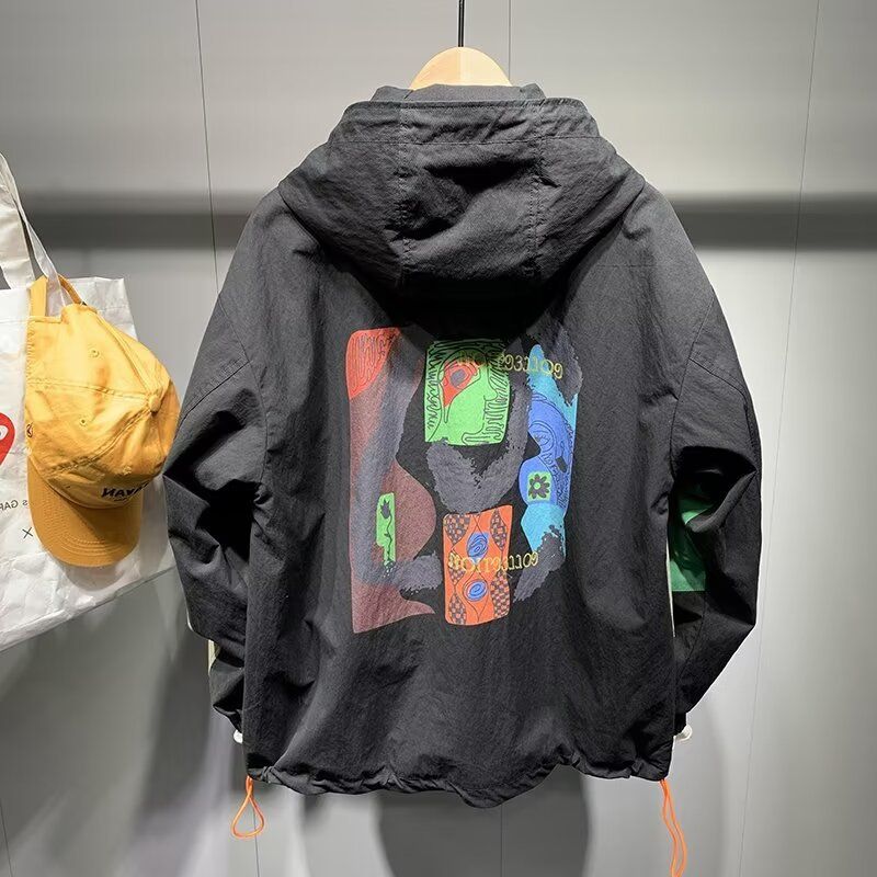 Blusão corta-vento com capuz streetwear – Jaqueta unissex grande com zíper e tecido de seda leitosa (M-5XL, ombros caídos, bolsos com zíper)_voghion.com