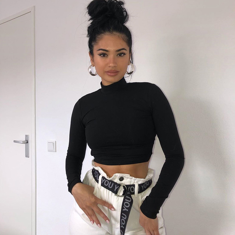 Women's round neck long sleeve sexy halter strap slim-fit T-shirt_voghion.com
